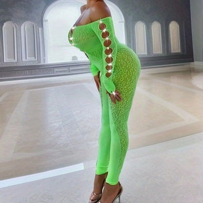 OSEN-Winter Sexy Thick Women one Piece Outfit Chic Hollow Rhinestones Slash Neck Patchwork Leggings Stretch Matching Clubwear
