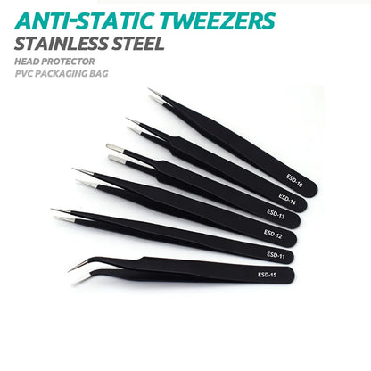 6 pinzas antiestáticas de acero inoxidable para mantenimiento de precisión, reparación industrial, modelismo curvo, herramienta manual.