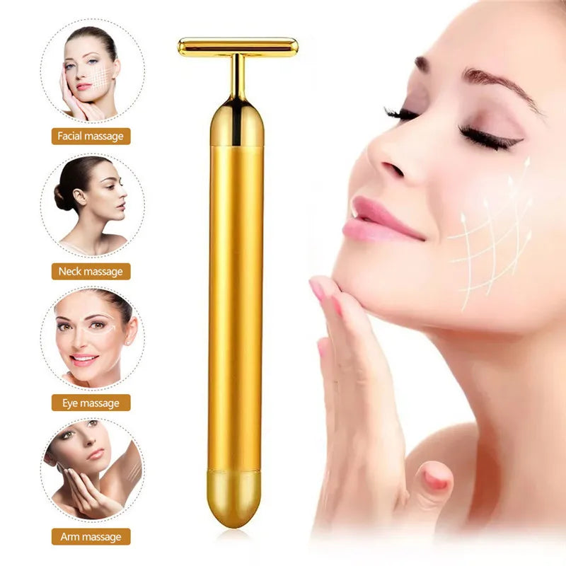 Barra de belleza facial adelgazante de oro de 24 quilates, masajeador facial reafirmante con pulso, herramienta vibratoria para reafirmar la piel y eliminar arrugas.