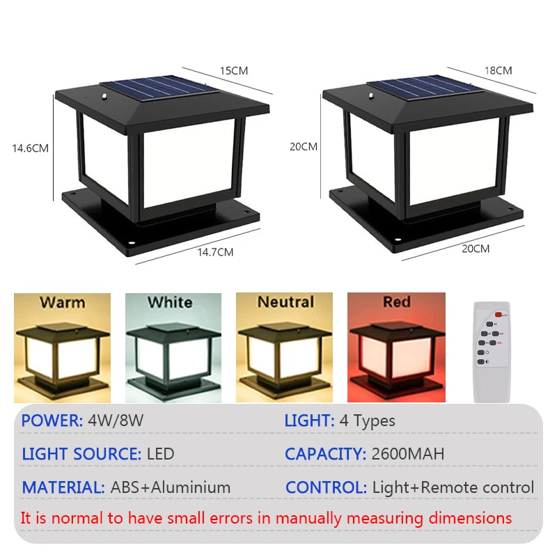 LED Solar Column Light Waterproof Solar Light Outdoor Remote Control Garden Sunlight Fence Channel Outdoor Decorative Light IP65