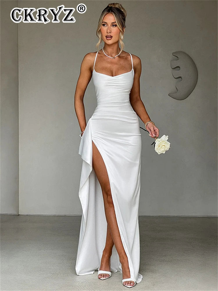 Ladies Autumn Satin New Fashion Evening Party Dress Women Sleeveless Backless Side Slit Maxi Dress Night Clubwear Fall Outfits