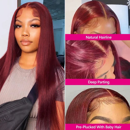 13x6 HD Lace Front Wig Human Hair Wigs 99J Red Burgundy Colored HD Transparent Pre Plucked Lace Frontal Human Hair Wigs Straight
