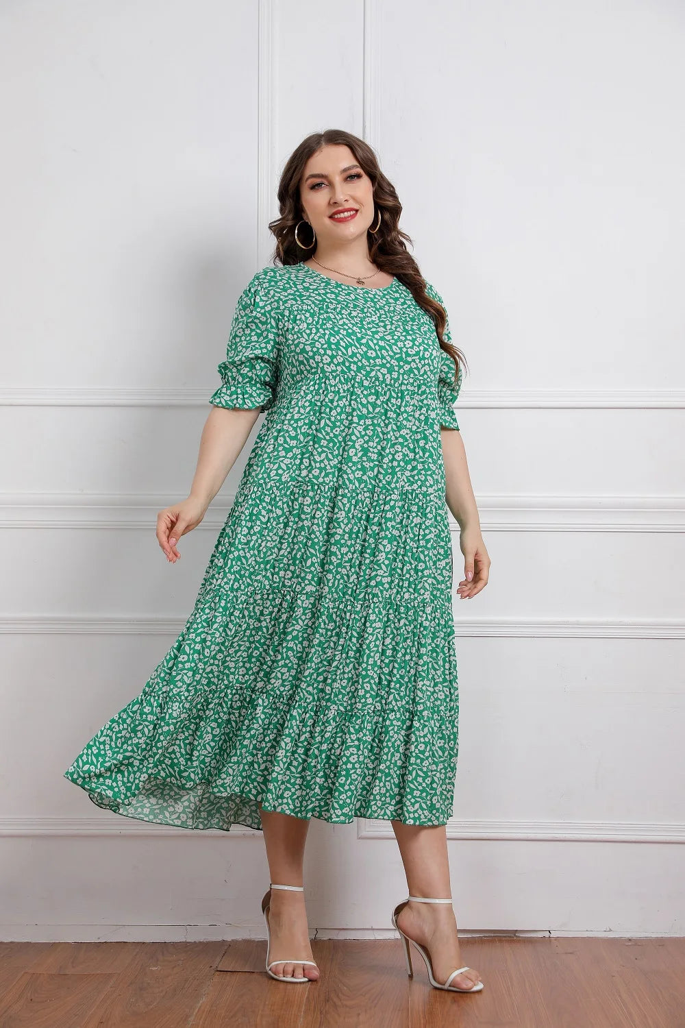 Plus size nova chegada o pescoço manga curta floral impressão verão boêmio vestidos de praia casuais para mulheres tamanho grande