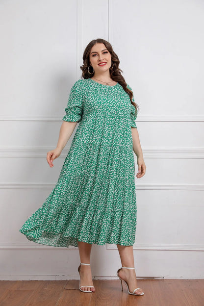 Plus size nova chegada o pescoço manga curta floral impressão verão boêmio vestidos de praia casuais para mulheres tamanho grande
