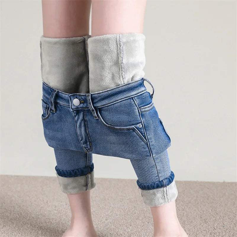 Women's Thermal Jeans Winter Snow Warm Plush Stretch Jeans Lady Skinny Thick Fleece Denim Long Pants Retro Blue Pencil Trousers