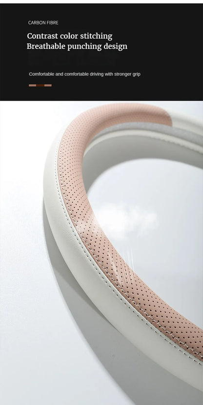 Perforated Nappa Leather Car Steering Wheel Cover Warm in Winter and Cool in Summer, Universal 15 Inch,  Anti-Slip, Odorless