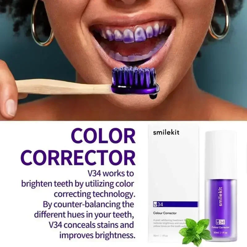 Pasta dental blanqueadora morada V34 de 30 ml. Elimina manchas, reduce el amarilleo y cuida tus dientes, encías, aliento fresco y blanquea los dientes.