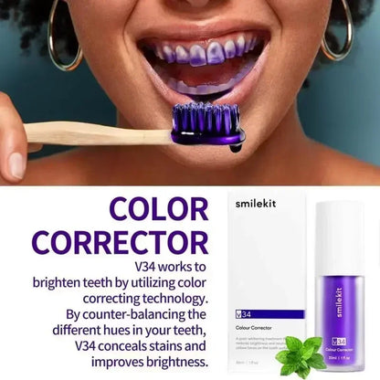 Pasta dental blanqueadora morada V34 de 30 ml. Elimina manchas, reduce el amarilleo y cuida tus dientes, encías, aliento fresco y blanquea los dientes.