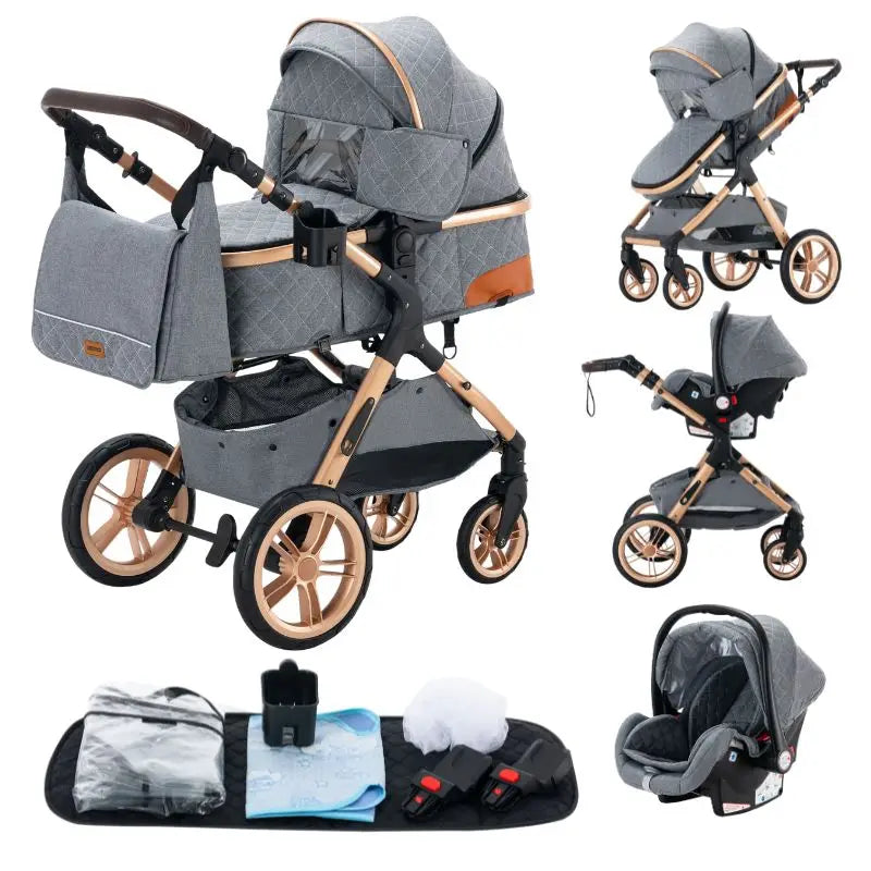 Luxurious Baby Stroller 3 in 1 Portable Travel Baby Carriage Folding Prams High Landscape Aluminum Frame Car for Newborn Baby