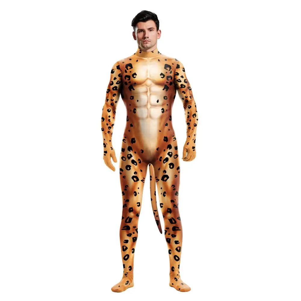 Zawaland Tiger Leopard Cheetah Petsuit for Men Animal Disguise Costume Crotch Zipper Zentai Halloween Carnival Full Bodysuits