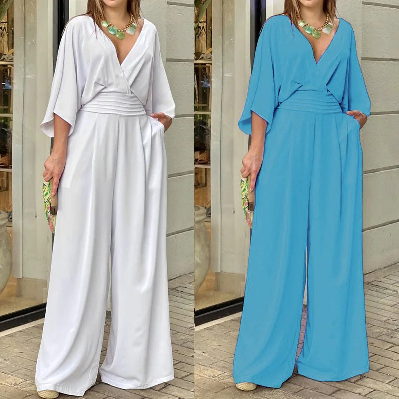 Solid Color Jumpsuits For Woman Jumpsuit Women's Clothing Temperament Simple Style Casual V-link Loose Tighten The Waist Elegant