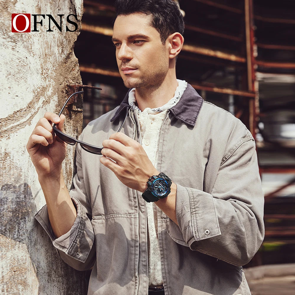 OFNS - Reloj de lujo estilo G para hombre, resistente al agua hasta 50 m, multifunción, deportivo, militar, de cuarzo, con LED digital