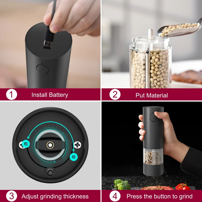 Electric Salt and Pepper Grinder Sets,With Charging Function LED Light,Automatic USB Rechargeable Pepper Mill Salt Spice Grinder