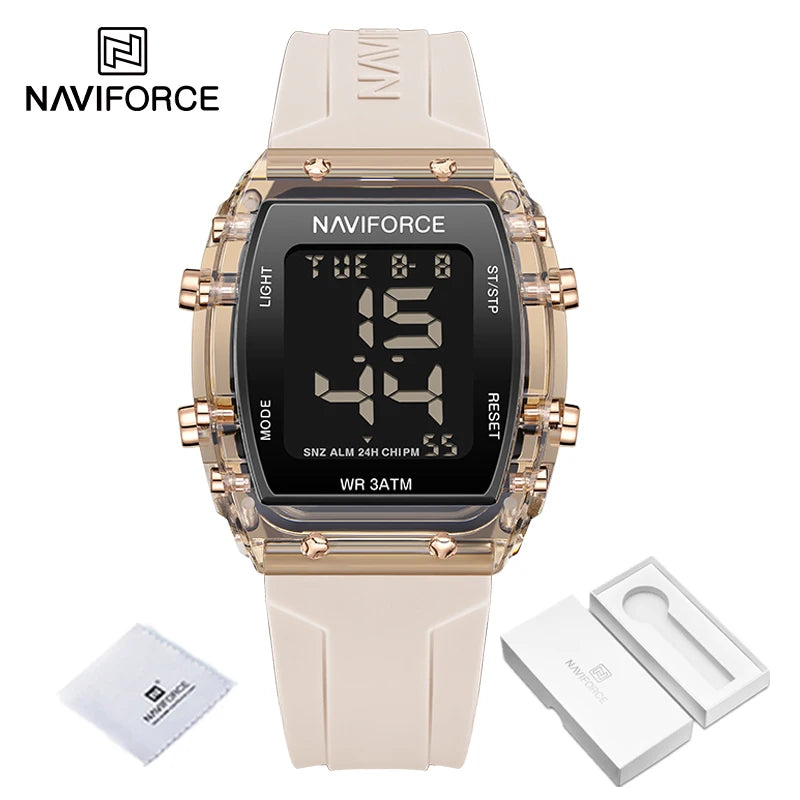 Relojes NAVIFORCE para mujer, con movimiento digital LCD, reloj de moda para mujer, resistente al agua hasta 50 m, correa de silicona, relojes de pulsera deportivos electrónicos.