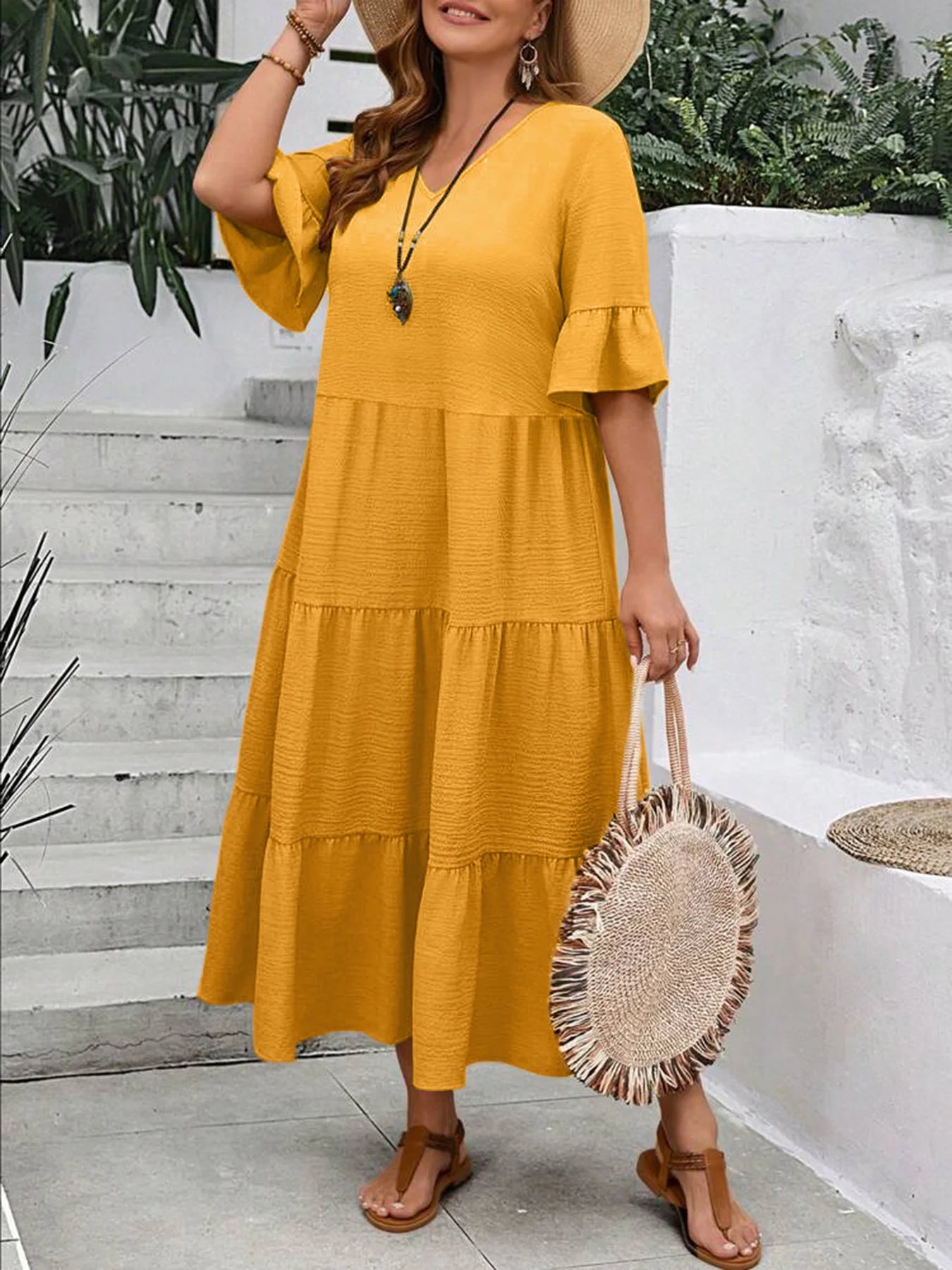 Multi Color v-Neck longo Swing Dress, Plus Size, Multi Color, Plus Size, Amazon, Europa e América, Novo, Primavera e Verão, 2022
