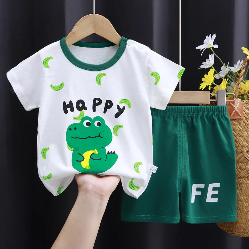 New Boys Summer Clothing Set Full Bear Print Cotton Short Sleeve T-shirts and Shorts 2PCS Breathable Outfit For Girls