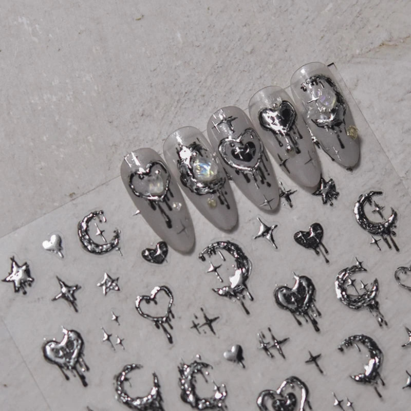 5D Realistic Relief Stamp Silver Melted Heart Moon Stars Balloon Angel Love Adhesive Nail Art Stickers Decals Manicure Charms