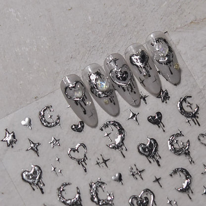 5D Realistic Relief Stamp Silver Melted Heart Moon Stars Balloon Angel Love Adhesive Nail Art Stickers Decals Manicure Charms