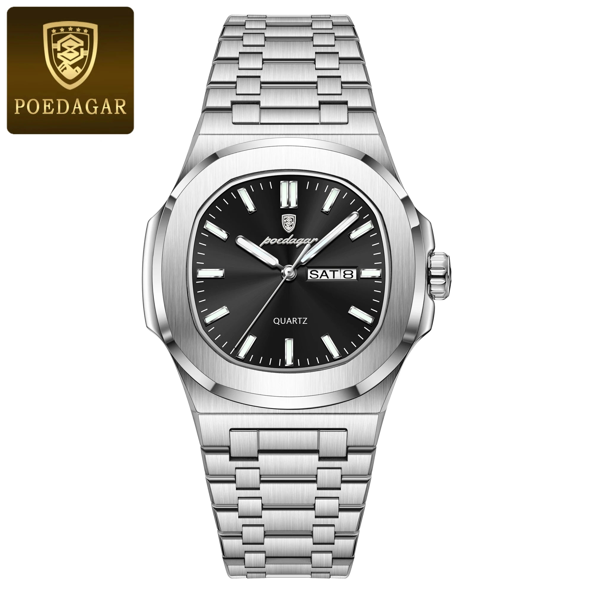 POEDAGAR Luxury Military Men's Watch Square Waterproof Luminous Date Week Men Watch Stainless Steel Quartz Men's Watches Reloj+box
