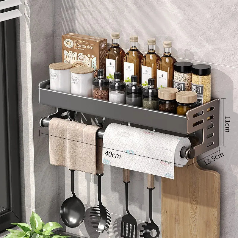 Gunmetal Space Aluminum Kitchen Storage Rack - No-Drill Wall Mounted Multi-Functional Organizer for Spice Jars and Knives