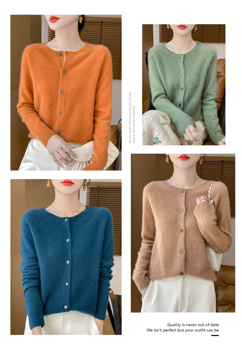 100% Merino Wool Long Sleeve Sweaters Cashmere Cardigan Spring Autumn Women O-Neck Knitwear Tops Clothing Fashion Basic Tops