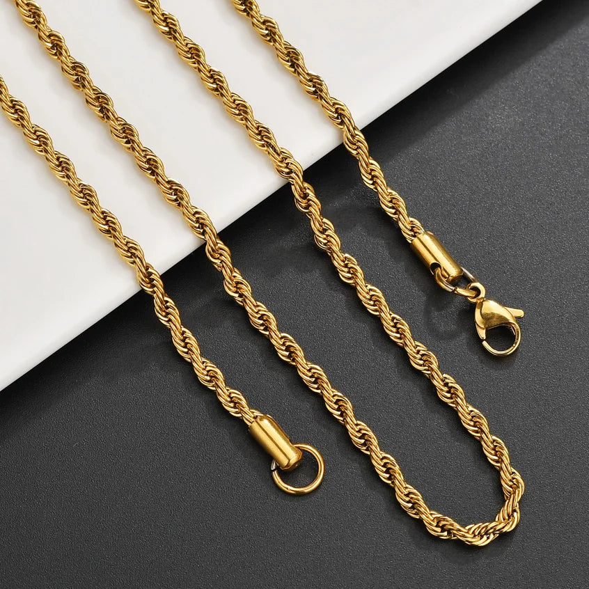 Bwise 3/4mm 316L Rope Chain Necklace Stainless Steel Never Fade Choker Waterproof Men Women Jewelry Gold Color Chains Gift