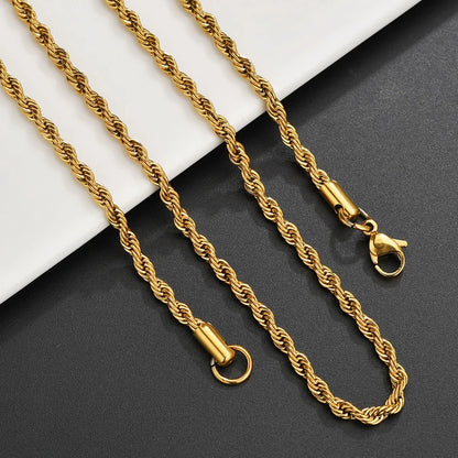 Collar de cadena de cuerda Bwise de 3/4 mm 316L de acero inoxidable, resistente a la decoloración, resistente al agua, para hombres y mujeres, joyería, cadenas de color dorado, regalo 