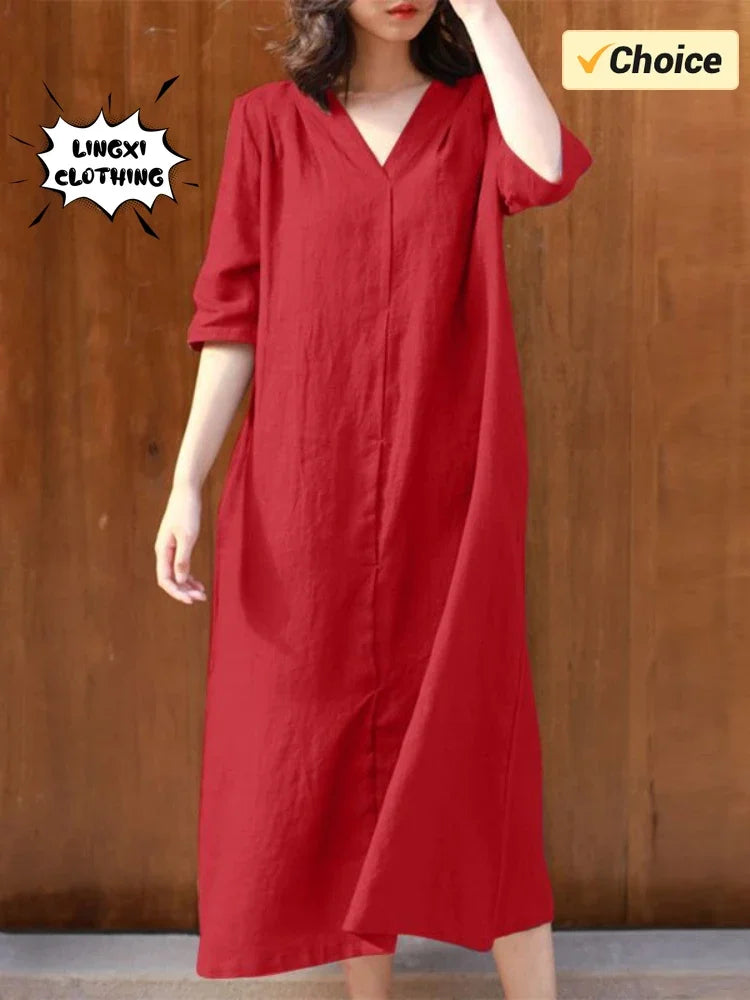 Vestido elegante de verano 2022 para mujer, de algodón y fibra de cáñamo, talla grande, con escote en V, monocromático, de longitud media y empalmado. 