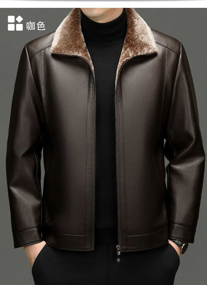 YN-2365 Autumn/Winter Men's Natural Leather Jacket Thickened Fur Integrated Business Casual Top Black Coffee Middle Aged Youth