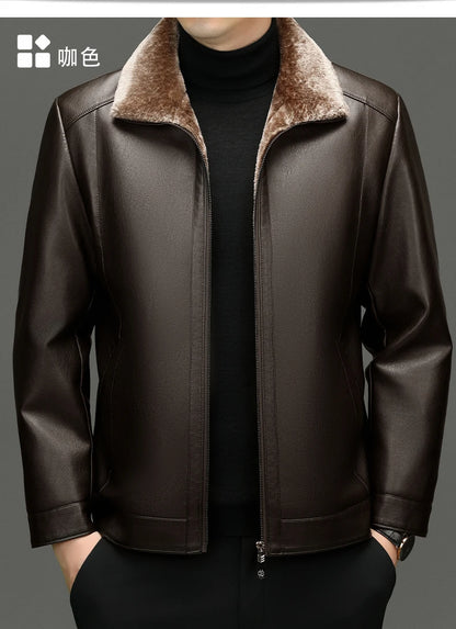 YN-2365 Autumn/Winter Men's Natural Leather Jacket Thickened Fur Integrated Business Casual Top Black Coffee Middle Aged Youth