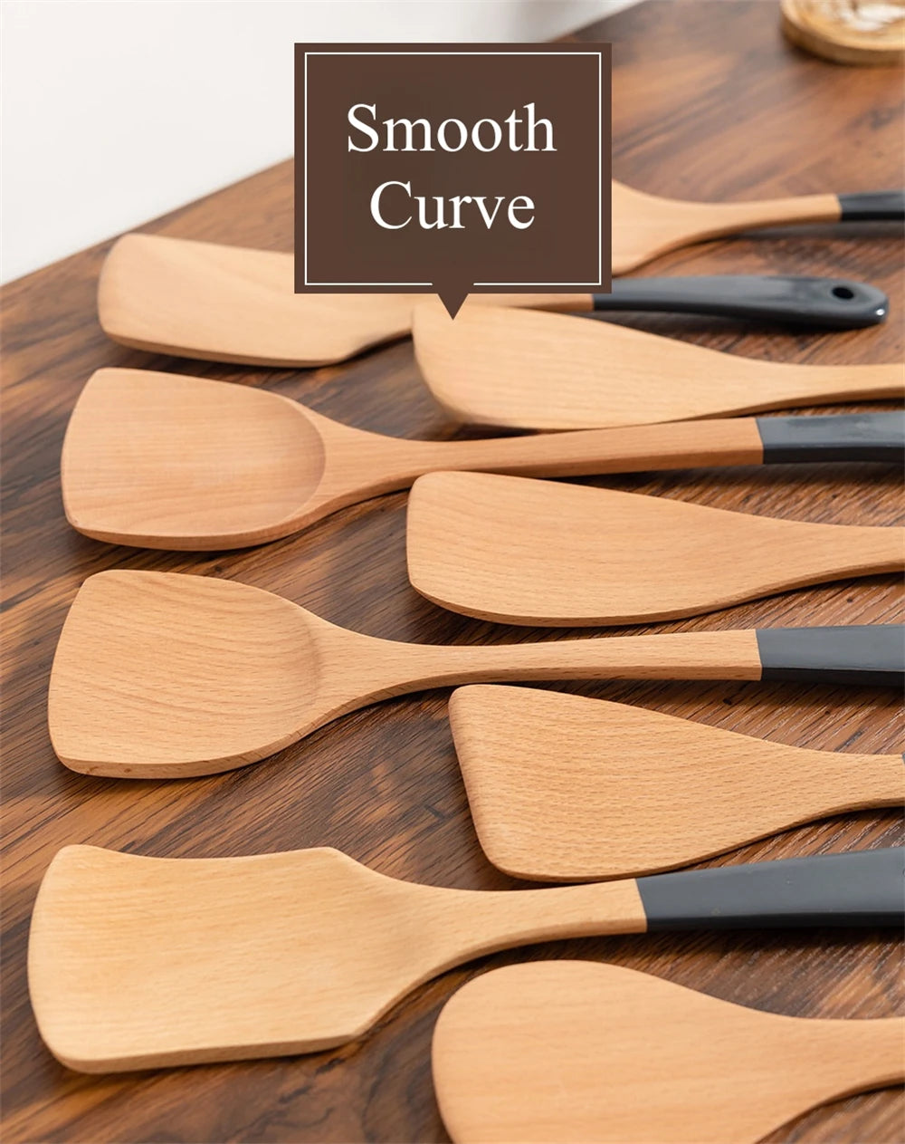 Espátula de madera con mango largo para cocinar, antiadherente, para saltear, resistente al calor, para el hogar, accesorio de cocina