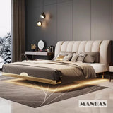 MINGDIBAO Cama Suspendida Moderna De Cuero Genuino con Luz Sensor, Estructura De Cama Doble Rectángulo con Acero Inoxidable, Camas Nórdicas