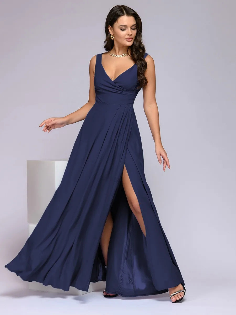 Women's 2025 Summer Solid Color Formal Dress - Sleeveless Evening Gown with Waist Accent, Elegant Floor Length Bridesmaid Dress