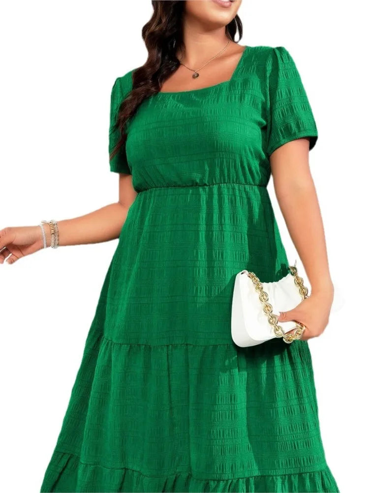Plus size verão vestido longo feminino gola quadrada moda magro cintura alta senhoras vestidos plissado solto vestido de mulher