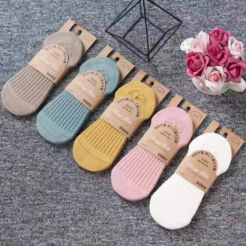 5 Pairs Women's silicone invisible Boat Socks  Summer Solid Color Ankle Boat Socks Female Soft Cotton Slipper Socks 35-40 EUR