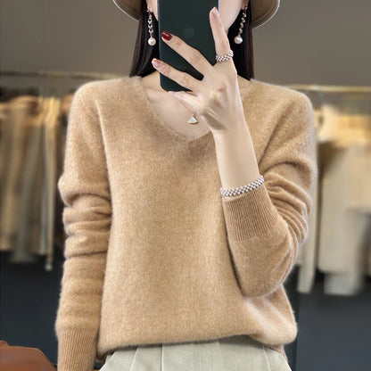 Suéter básico de otoño-invierno 2024 para mujer, 100 % lana merino, cuello en V, tejido de punto liso, jersey de oficina para mujer, manga larga, cachemir.
