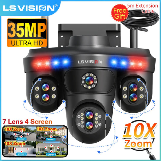 LS VISION 10X Optical Zoom 4-Screens WiFi IP Camera 35MP Outdoor WiFi Security PTZ Camera Auto Tracking Home Surveillance Cameras