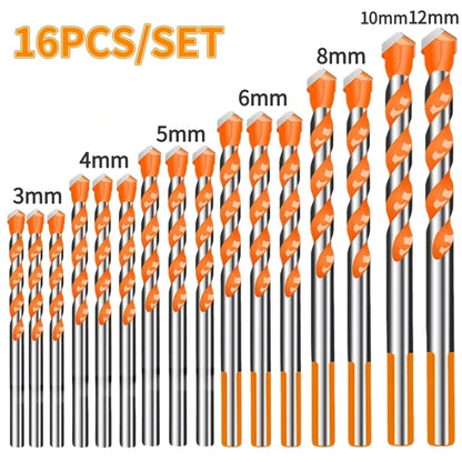 Juego de 16 brocas de carburo de tungsteno para mampostería, para metal, acero, porcelana, cerámica, azulejos, hormigón, ladrillo y madera, de 3 a 12 mm.
