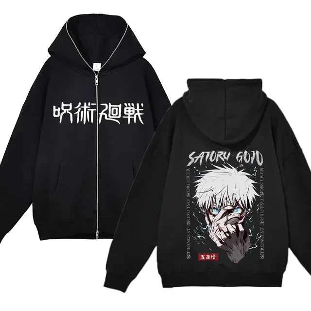 Chaquetas con cremallera de Anime Gojo Satoru, sudadera con capucha de forro polar fino, sudaderas con cremallera Y2K, Jujutsu Kaisen 