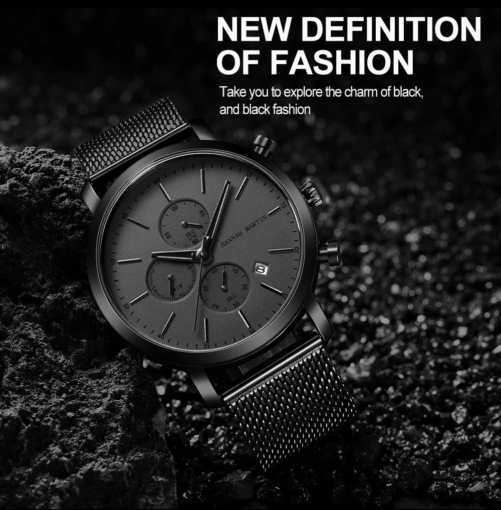 HANNAH MARTIN Brand Men Watch Black Stainless Steel Waterproof Fashion Sports Multifunctional Quartz Wristatch Relogio Masculino