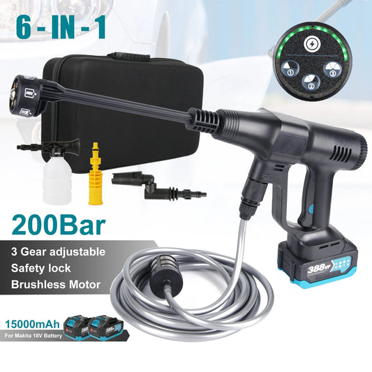 200 Bar 6-in-1 Brushless High Pressure Car Washer Gun Electric High Pressure Washer for Garden Tool Makita 18V Battery
