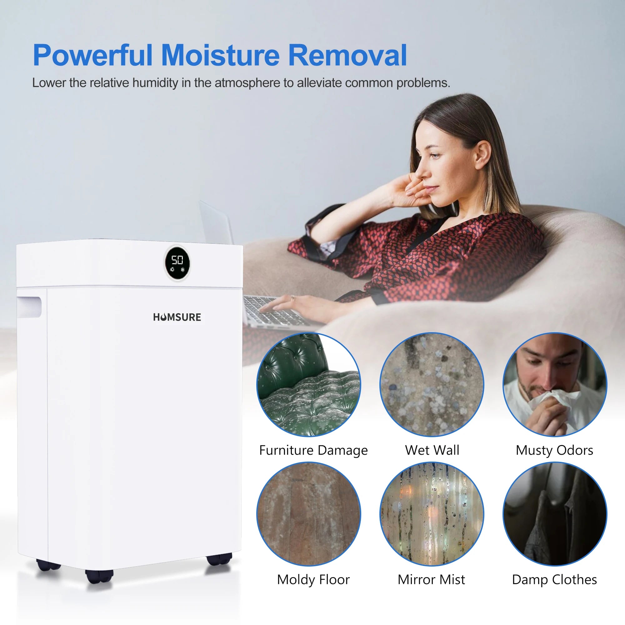 Dehumidifier 20 L, Dehumidifier Cellar Rooms with Digital Display, 24H Timer, Automatic Defrosting, Dry Clothes, Continuous Drai