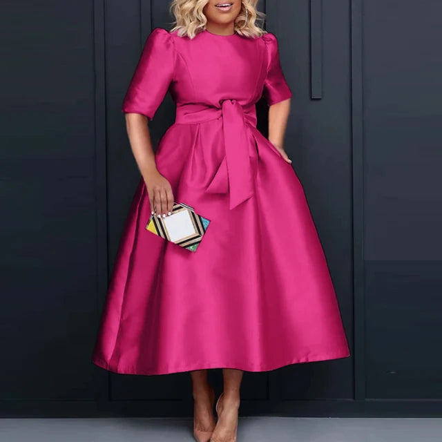 Vonda - Vestido midi de satén de manga corta con cinturón para mujer, informal, holgado, monocromático, largo, de verano, elegante, talla grande, 2024 