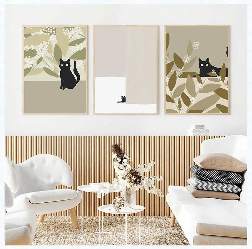 Cute Cats Pop Illustration Prints Canvas Painting Aesthetic Wall Art Pictures Home Room Dec Abstract Black Cat Drawing Poster