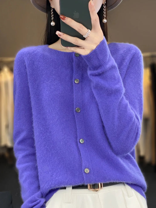Suéteres de manga larga 100% lana merino, cárdigan de cachemira, primavera otoño, cuello redondo, prendas de punto para mujer, tops básicos de moda.