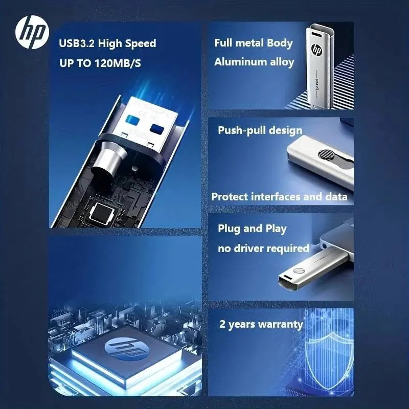 HP USB Flash Drive 3.2 32GB 64GB High Speed ​​Sticks External Storage Metal Pen Drive Creative Personality Car Music