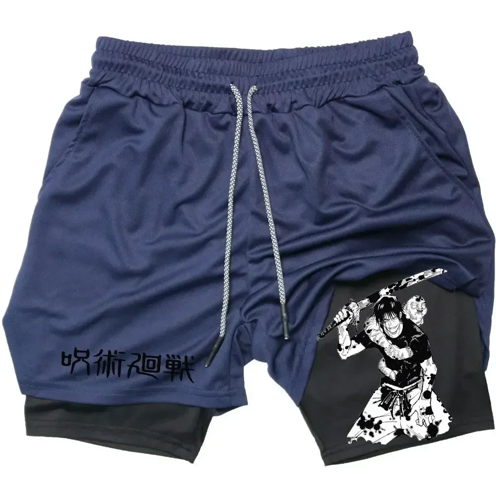 Men's Sports Shorts Anime Performance Shorts Printed Men GYM Casual Sport Compression Shorts Workout Running Mesh 2 in 1 Shorts