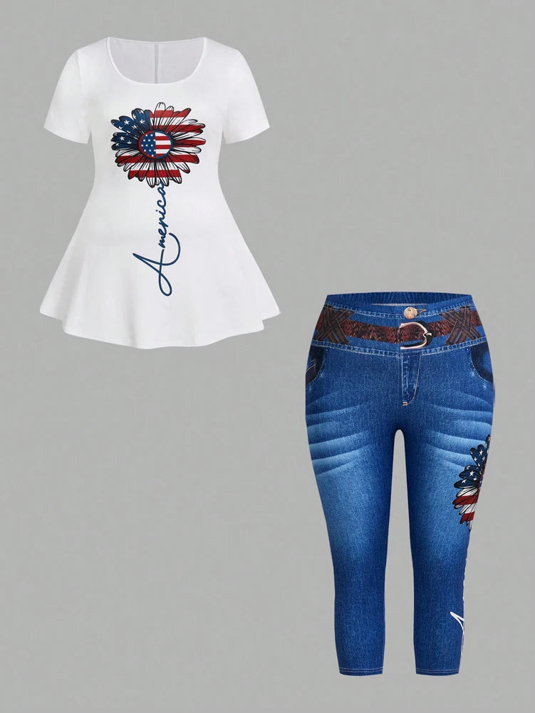 Conjunto plus size de 2 peças plus size, blusa com estampa floral de manga curta com gola redonda e calças jeans casuais com bolsos e cinto