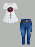 Conjunto plus size de 2 peças plus size, blusa com estampa floral de manga curta com gola redonda e calças jeans casuais com bolsos e cinto