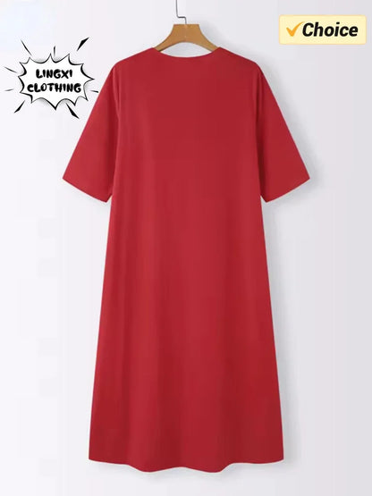 Vestido elegante de verano 2022 para mujer, de algodón y fibra de cáñamo, talla grande, con escote en V, monocromático, de longitud media y empalmado. 
